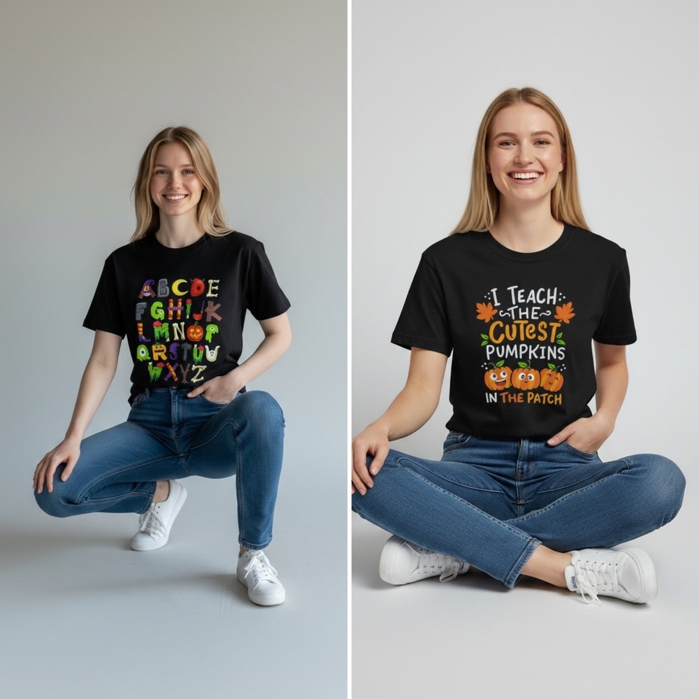 Port & Co Teacher T-Shirt Lot M Black Excellent Halloween Graphic 2PK Whimsical